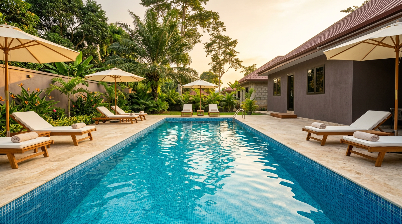 Trident Island resort pool at golden hour